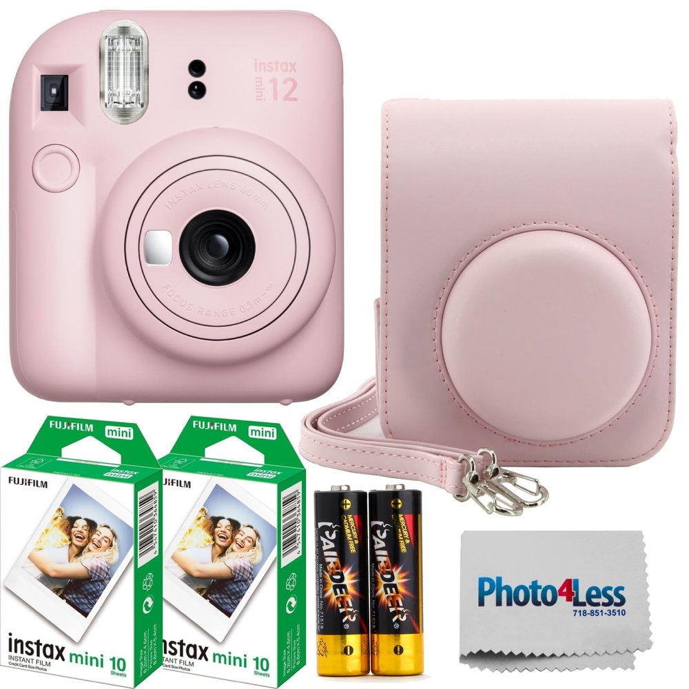 Fujifilm Instax MiniI 12 Instant Film Camera Blossom Pink, Fujifilm Instax Mini Twin Pack Instant Film 20 Prints, Prtotective Case, Gift Bundle