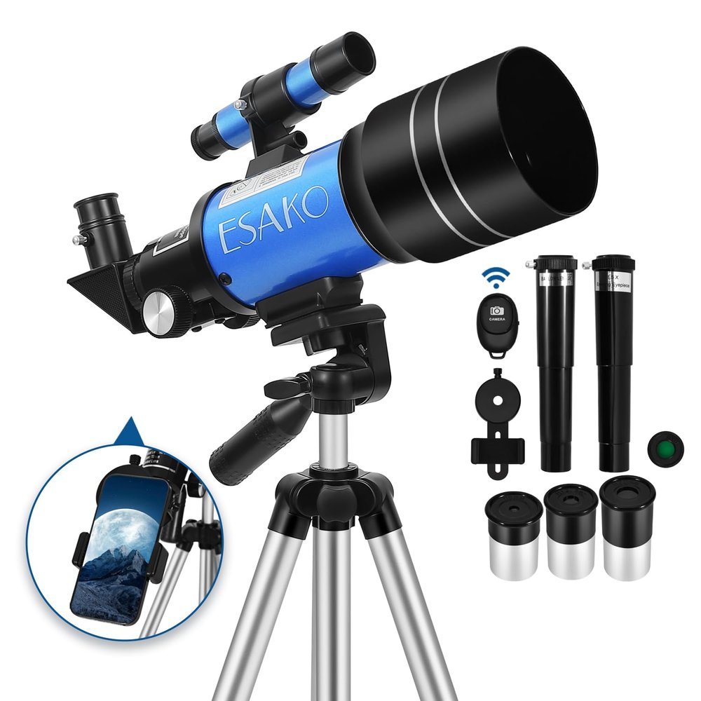 ESAKO Telescope for Kids & Beginners, 70mm Aperture Portable Telescopes with 3 Eyepieces, Height Adjustable Tripod & Phone Adapter & Remote Control Gift for Christmas