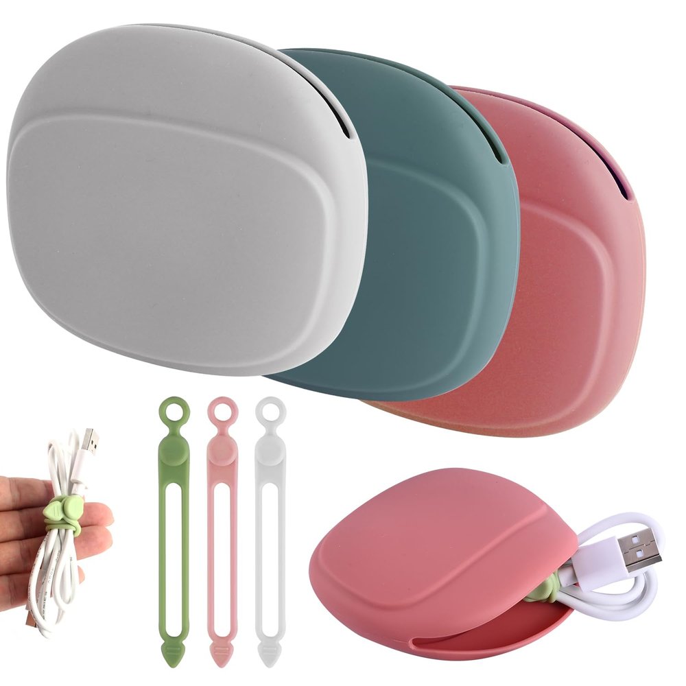3PCS Silicone Headphone Organizer with 3PCS Silicone Cable Ties, Abnaok Data Cable Storage Case, Portable Wired Headphone Organizer Reusable Cable Straps for Home or Workplace