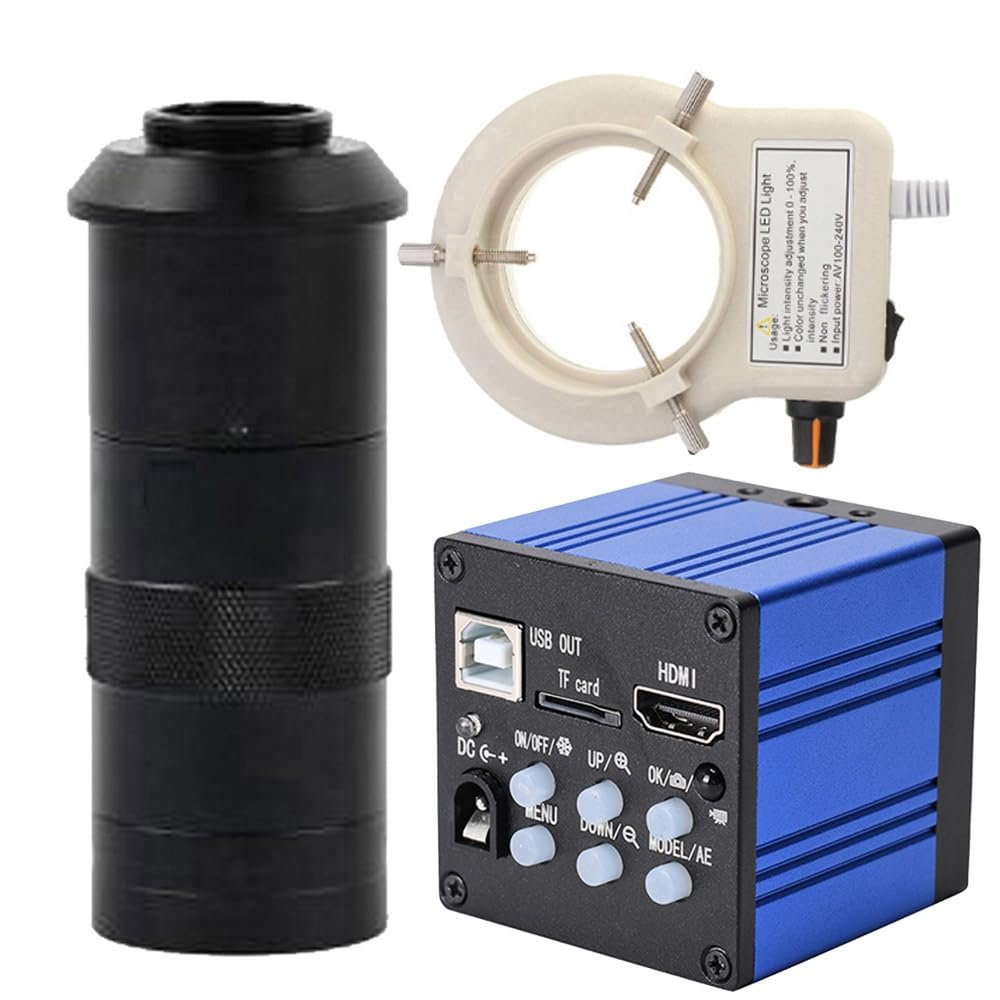 51MP Microscope Camera HDMI USB Industrial Electronic Digital Microscope & 100X C-Mount Lens Whit 56-LED Adjustable Ring Light