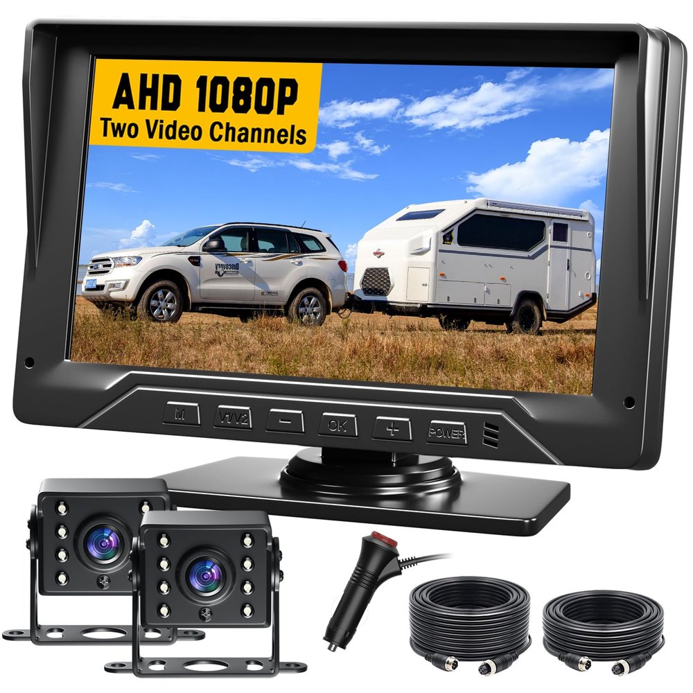 Dual RV Backup Camera Plug and Play, 7'' Backup Camera for Truck Trailer, No Delay, 1080P HD, 2 Channels, 150 Wide Angle, DIY Guide Lines, Night Vision, IP69 Rear View Camera