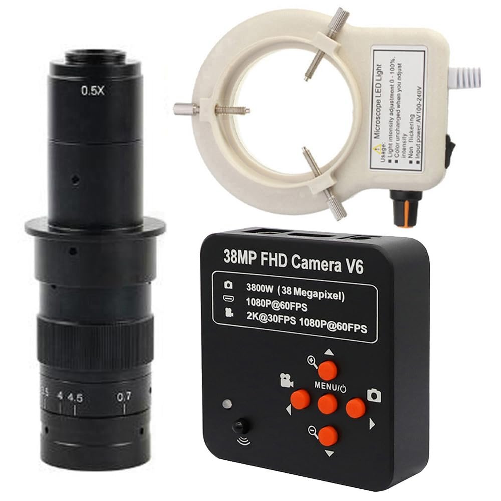 38MP USB HDMI Camera 1080P Industry Video Microscope HD Camera & 180X C-Mount Lens Whit 56-LED Adjustable Ring Light