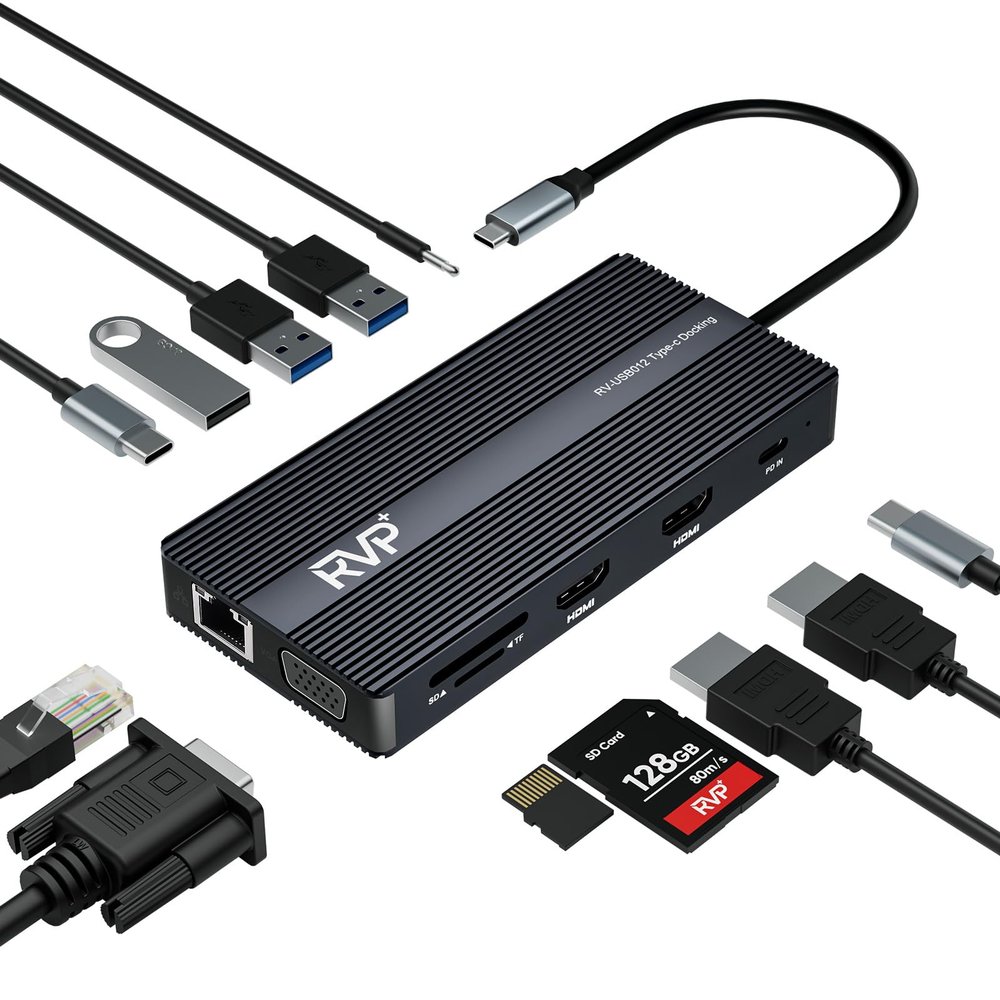 RVP+ USB C Docking Station 3 Monitors, 12-in-1, Triple Display-4K HDMI Dual Monitors & VGA, 5Gbps USB-C/A Data Transfer, USB 3.0, 100W Laptop-Charging, Gigabit Ethernet, Audio, SD/TF Dongle(RV-USB012)