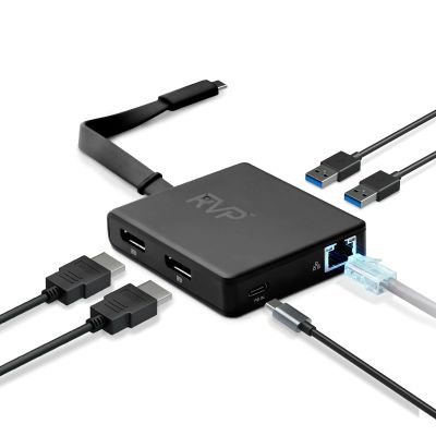 RVP+ USB C Docking Station Dual Monitor, 6-in-1, 100W Laptop-Charging, DisplayPort Multi-Stream Transport (MST), Ethernet, Compatible with Thunderbolt 3 Laptop (RVP-601)