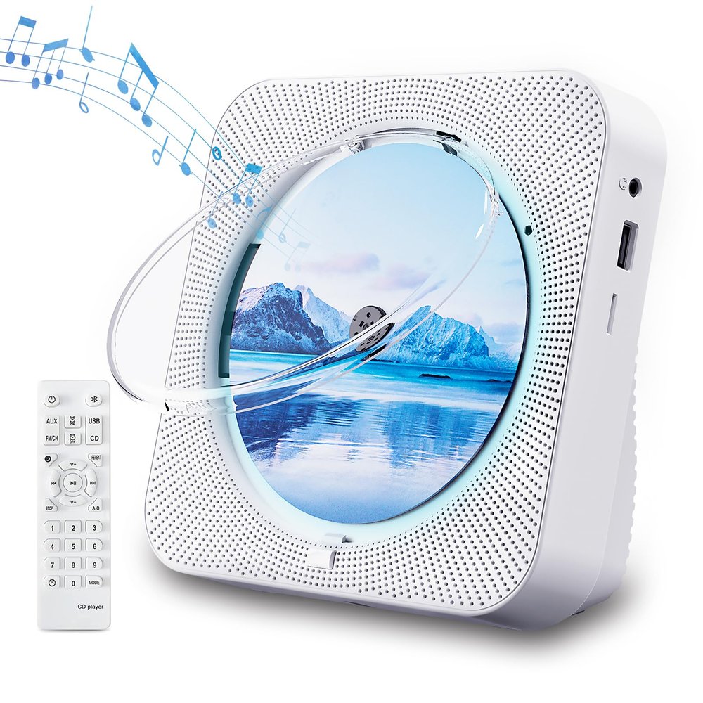CD Player Portable Bluetooth 5.1 Desktop CD Player with HiFi Sound Speakers,Remote Control,Dust Cover,LED Display,Boombox FM Radio,USB/AUX for Home,Kids (White)