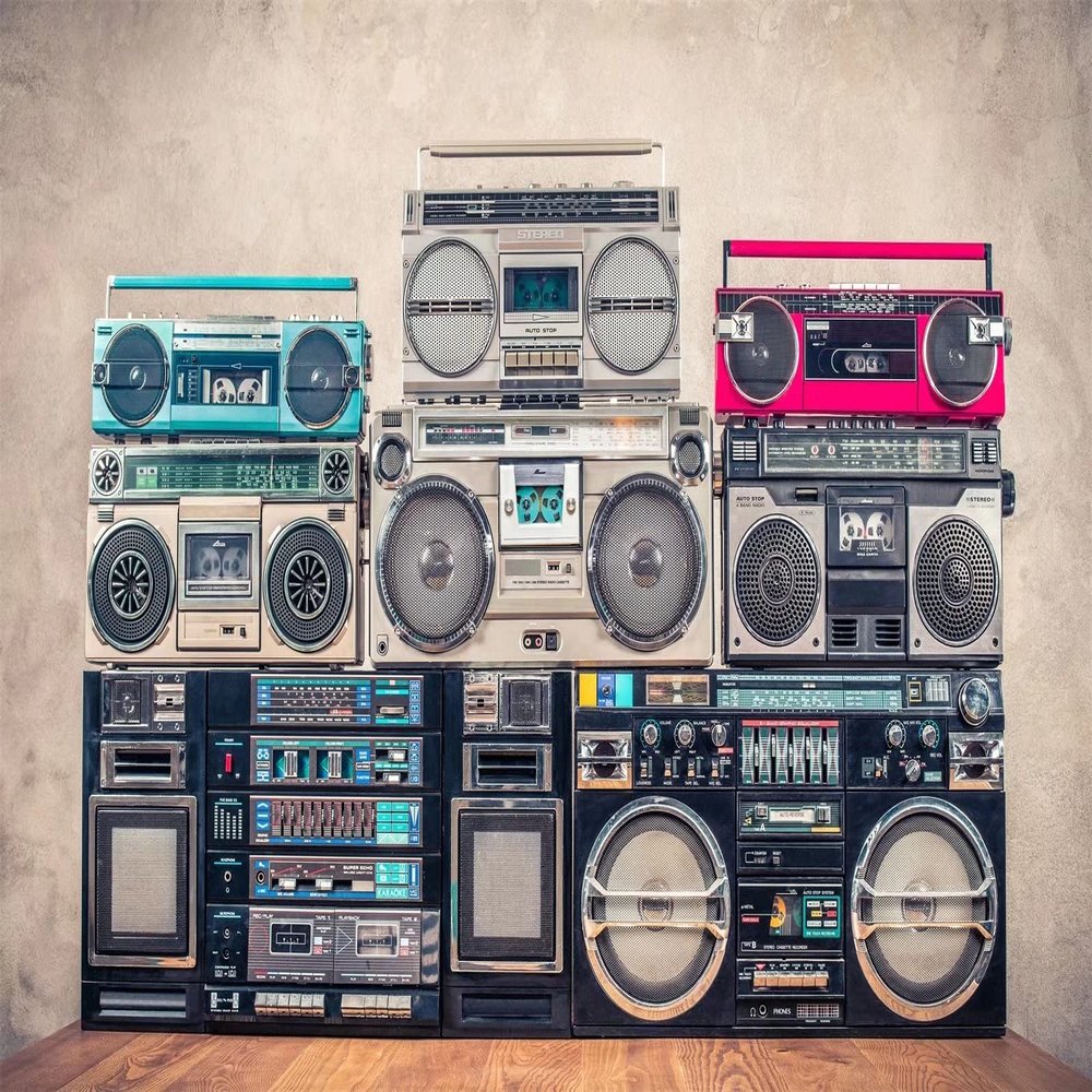 BELECO 10x8ft Fabric Vintage Radio Backdrop Boombox Retro 80s Background Back to 90s Old-Fashioned Amplifier Music DJ Antique Audio Loudspeaker Hip-Hop Disco Music Party Banner Photo Studio Props