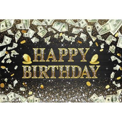 10x8ft Birthday Decorations Backdrop for Photography Dollar Bill Black Gold Glitter Diamond Happy Birthday Background Banner for Photoshoot Portrait Photo Studio Props Birthday Party
