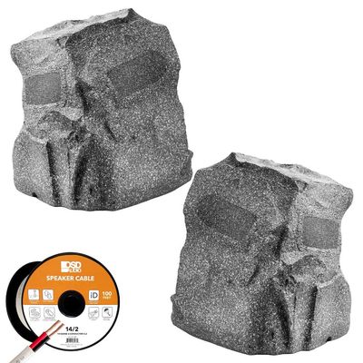 OSD Audio 8" Grey Rock Speaker Pair 200W Omni-Directional Sound with 100ft Speaker Wire for Immersive Outdoor Audio in Patios, Pools & Gardens