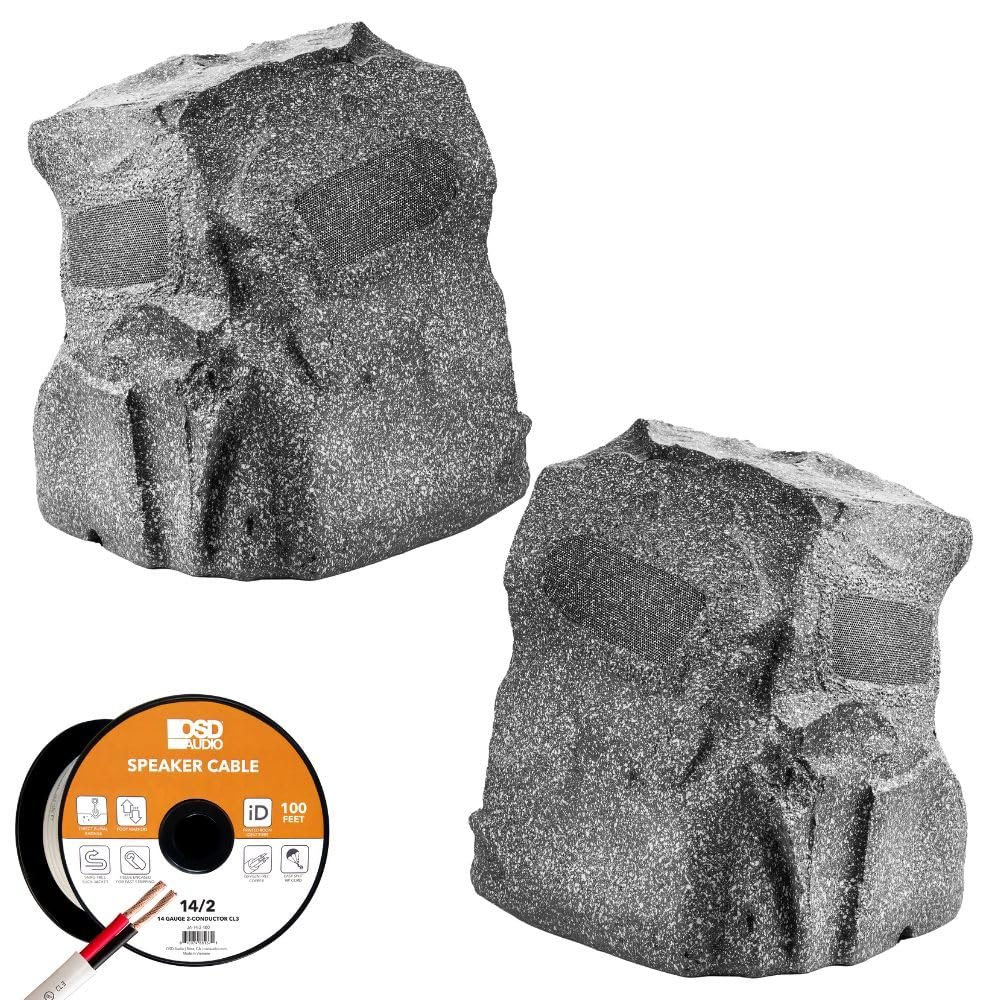 OSD Audio 8" Grey Rock Speaker Pair 200W Omni-Directional Sound with 100ft Speaker Wire for Immersive Outdoor Audio in Patios, Pools & Gardens