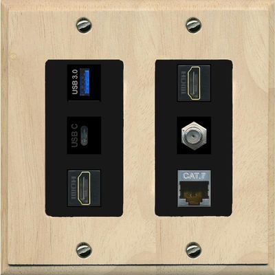 RiteAV USB 3 USB C 2 HDMI Coax Cat7 Wall Plate - 2 Gang [Wood/Black]