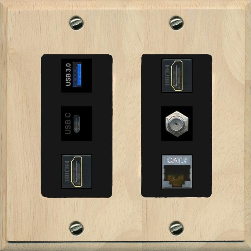 RiteAV USB 3 USB C 2 HDMI Coax Cat7 Wall Plate - 2 Gang [Wood/Black]