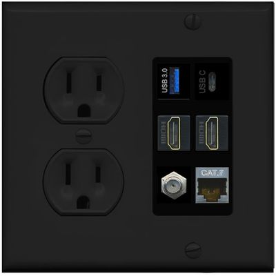 RiteAV USB 3 USB C 2 HDMI Coax Cat7 Wall Plate - Round Outlet [Black/Black]