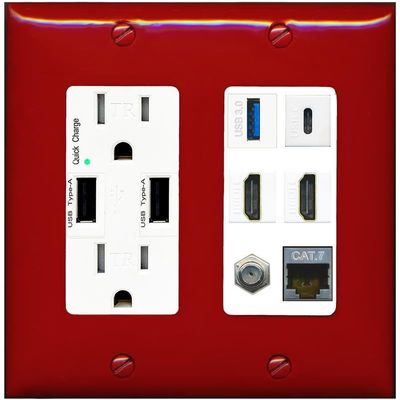 RiteAV USB 3 USB C 2 HDMI Coax Cat7 Wall Plate - USB Charger Outlet [Red/White]