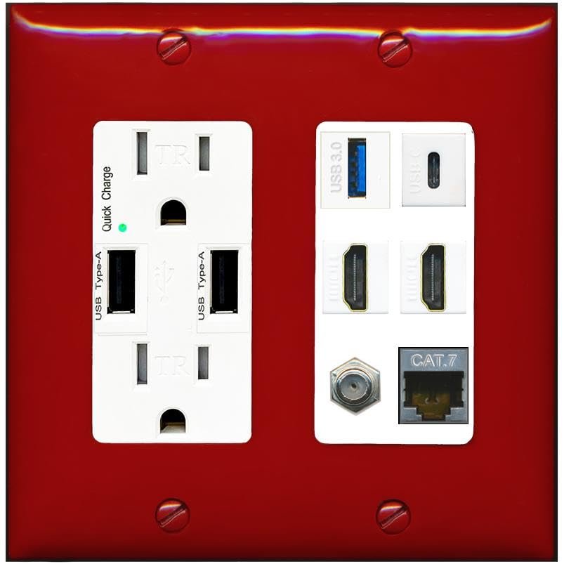 RiteAV USB 3 USB C 2 HDMI Coax Cat7 Wall Plate - USB Charger Outlet [Red/White]