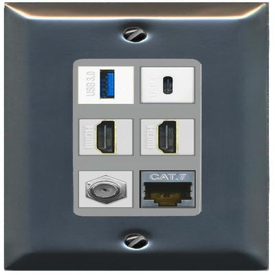 RiteAV USB 3 USB C 2 HDMI Coax Cat7 Wall Plate - 1 Gang [Stainless/Gray]