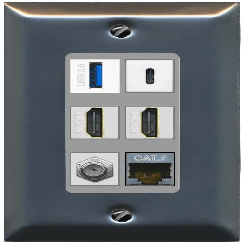 RiteAV USB 3 USB C 2 HDMI Coax Cat7 Wall Plate - 1 Gang [Stainless/Gray]