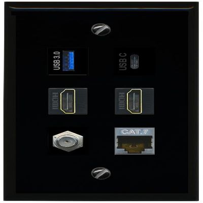 RiteAV USB 3 USB C 2 HDMI Coax Cat7 Wall Plate - Flat [Black/Black]