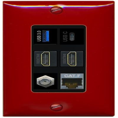RiteAV USB 3 USB C 2 HDMI Coax Cat7 Wall Plate - 1 Gang [Red/Black]