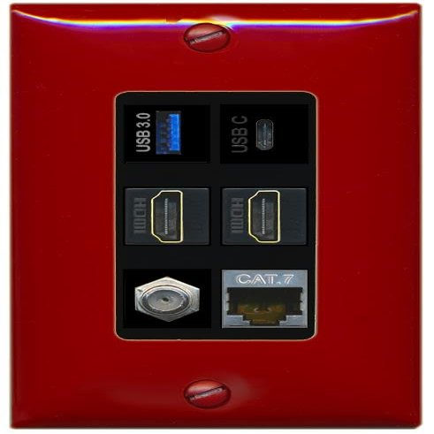 RiteAV USB 3 USB C 2 HDMI Coax Cat7 Wall Plate - 1 Gang [Red/Black]