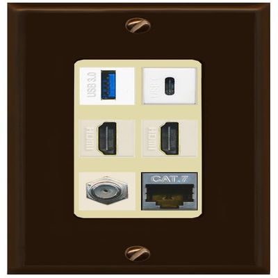 RiteAV USB 3 USB C 2 HDMI Coax Cat7 Wall Plate - 1 Gang [Brown/Ivory]
