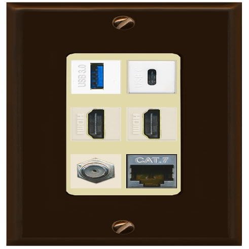 RiteAV USB 3 USB C 2 HDMI Coax Cat7 Wall Plate - 1 Gang [Brown/Ivory]