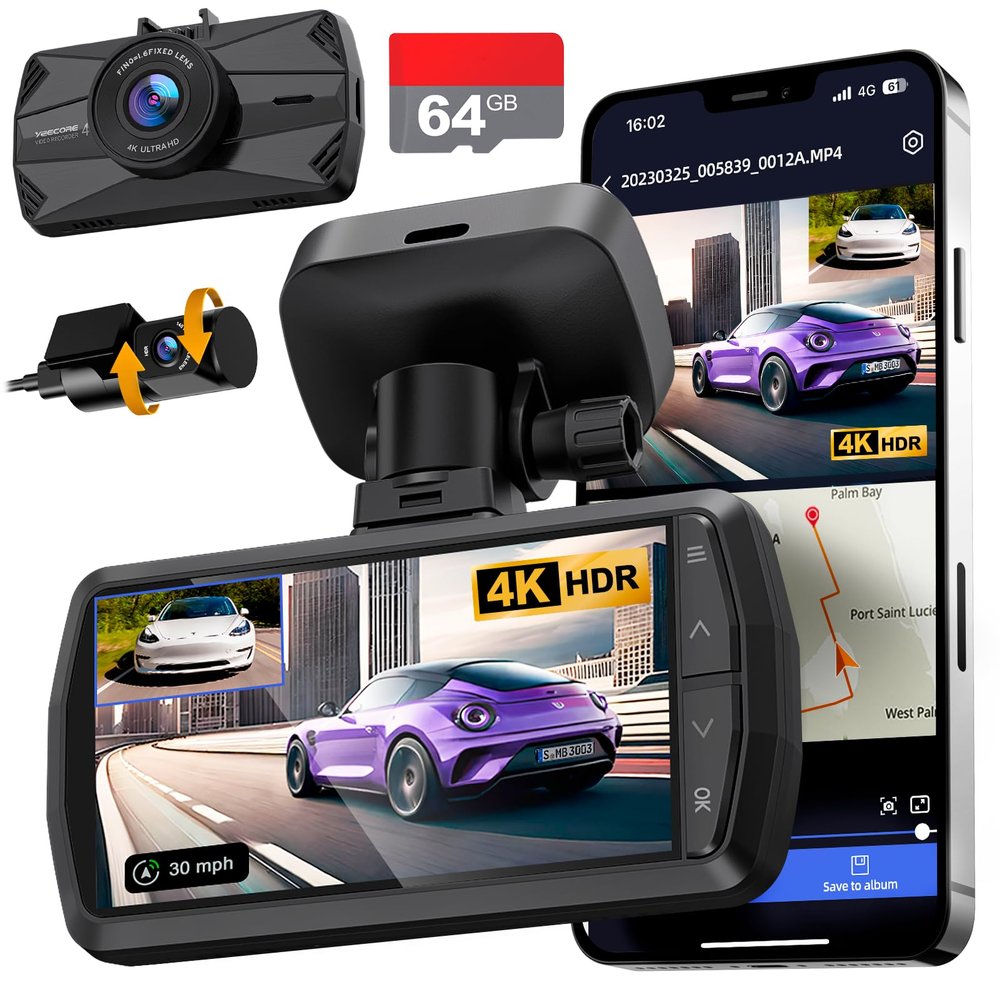 4K Dash Cam Front and Rear, Built-in WiFi GPS, 3" IPS Screen, Included 64GB Card, HDR Night Vision Dash Camera for Cars, App Control, Emergency Lock, Accident Record, Parking Mode, Support 512GB Max
