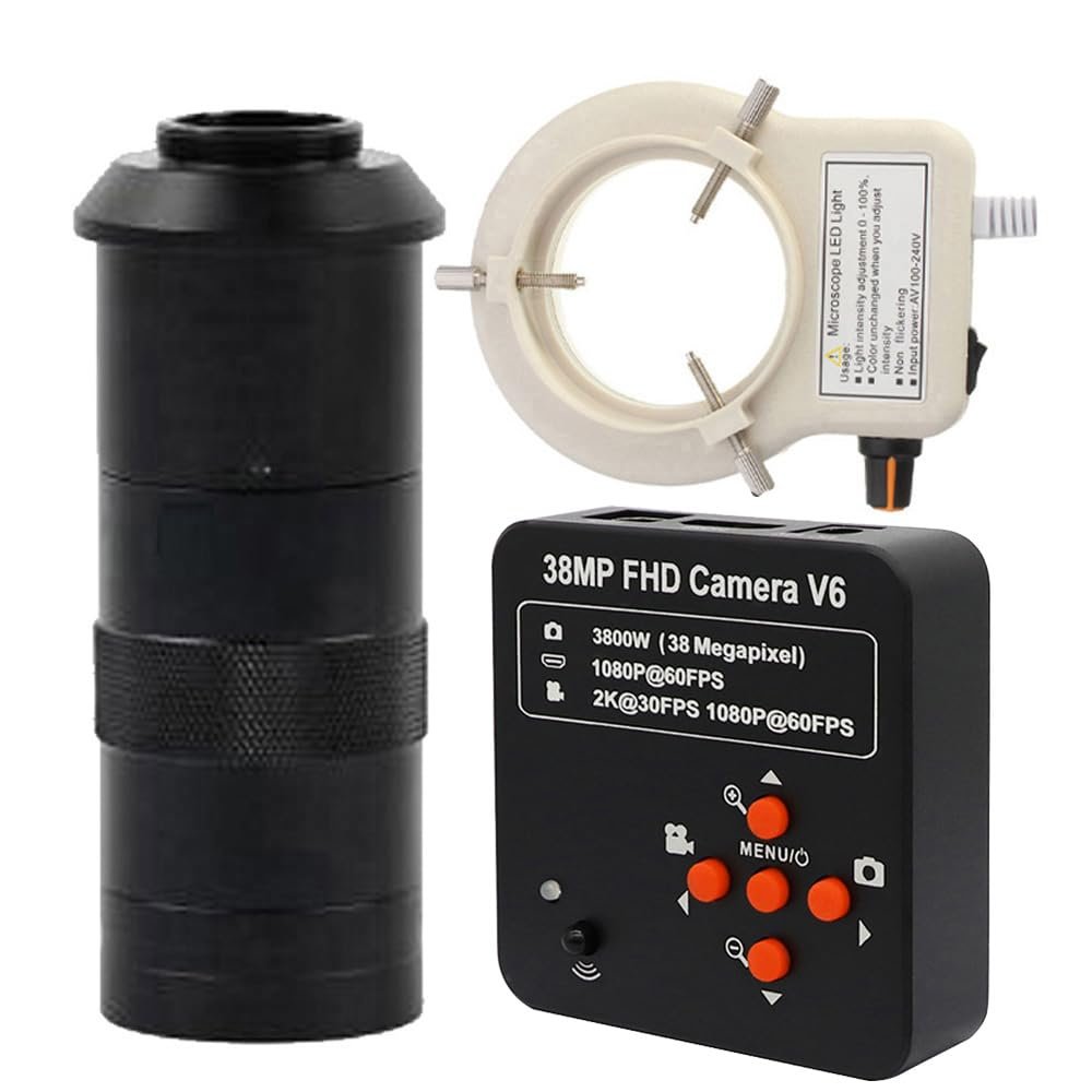 38MP USB HDMI Camera 1080P Industry Video Microscope HD Camera & 100X C-Mount Lens Whit 56-LED Adjustable Ring Light