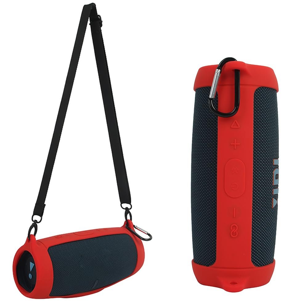 Silicone Case Cover for Charge 5 Bluetooth Speaker, Portable Travel Carrying Protective Sleeve Skin Case with Shoulder Strap and Carabiner (Red)