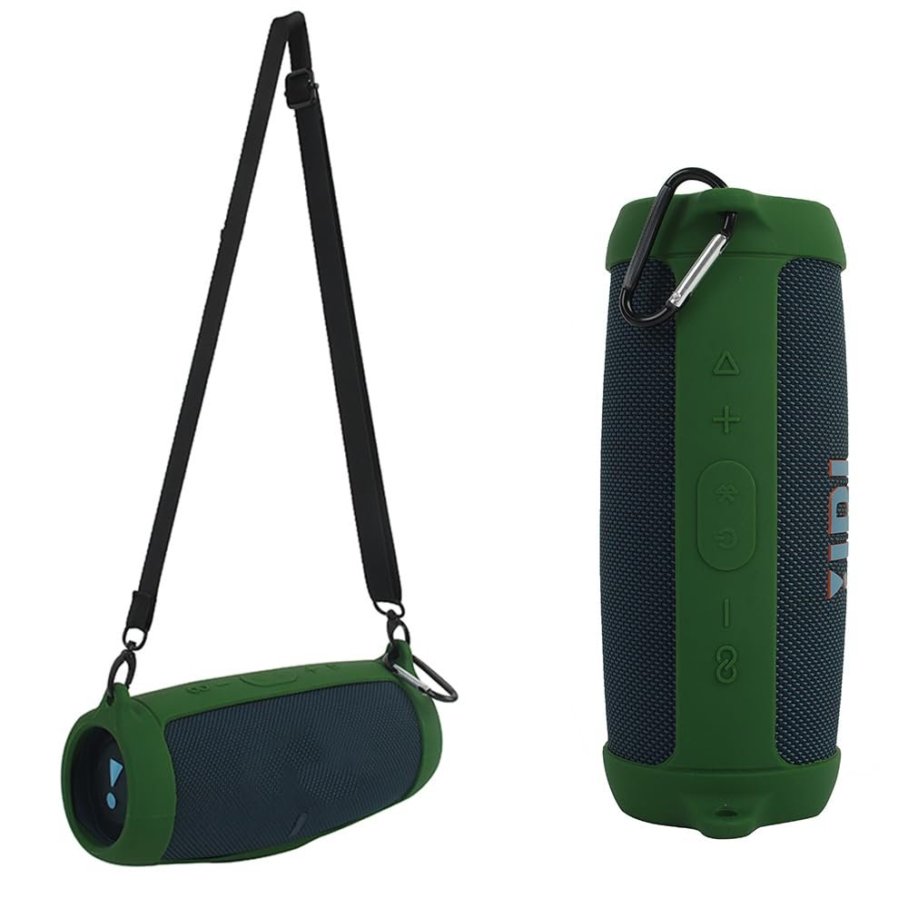 Silicone Case Cover for Charge 5 Bluetooth Speaker, Portable Travel Carrying Protective Sleeve Skin Case with Shoulder Strap and Carabiner (Green)