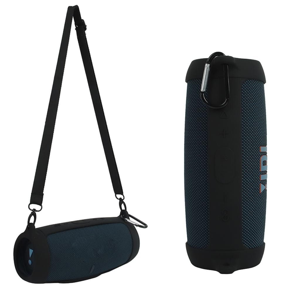 Silicone Case Cover for J.BL Charge 5 Bluetooth Speaker, Portable Travel Carrying Protective Sleeve Skin Case with Shoulder Strap and Carabiner (Black)