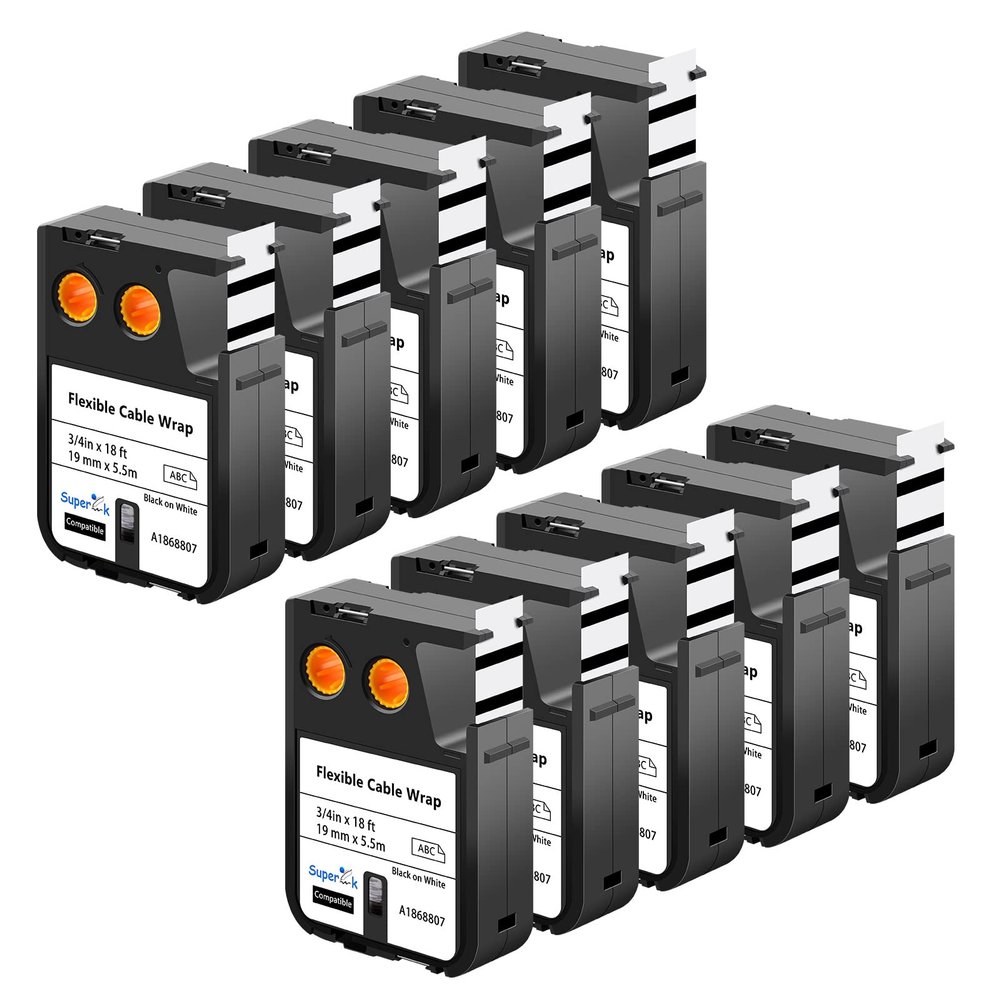 USUPERINK 10 Pack Compatible for Dymo Label Maker Tape Rhino 1868807 3/4'' 19mm x 5.5m Black on White Flexible Cable Wrap Nylon Label Tape for XTL-300 XTL-500 Label Printer