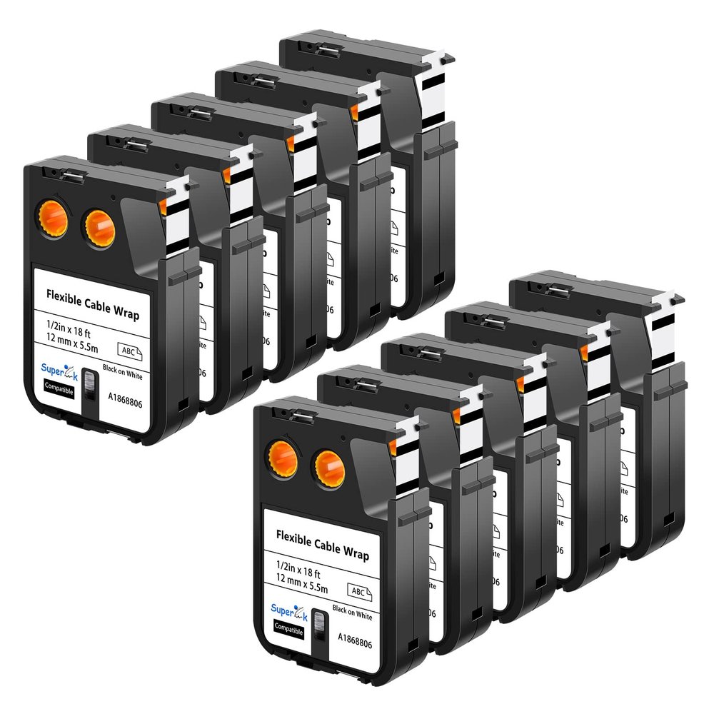 USUPERINK 10 Pack Compatible for Dymo Label Maker Tape Rhino 1868806 1/2'' 12mm x 5.5m Black on White Flexible Cable Wrap Nylon Label Tape for XTL-300 XTL-500 Label Printer