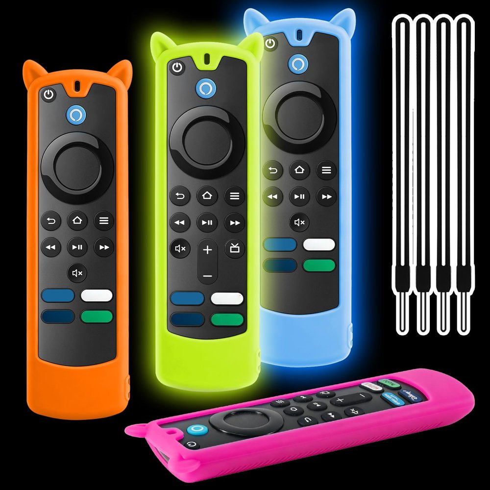 (4 Pack) Wevove TV Stick Remote Cover Compatible with Alexa Voice Remote 4k/Max/Lite (3rd Gen), Firstick Remote Case with Wrist Strap,Tvstick CoverOnly Yellow and Blue Glow in The Dark