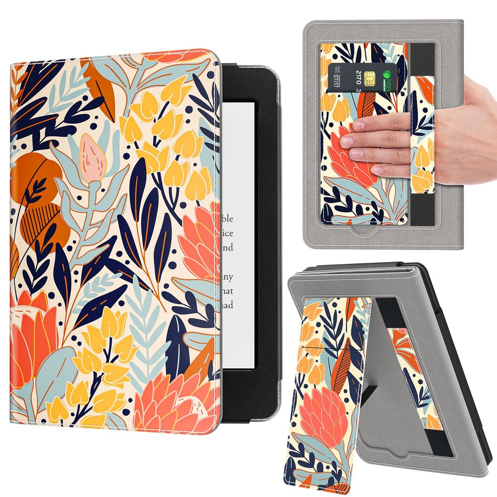 VORI Stand Case for 7"/6.8" Kindle Paperwhite (12th/11th Generation-2024/2021) and Kindle Colorsoft Signature Edition, PU Leather Case Smart Protective Cover with Auto-Wake/Sleep, Protea Floral