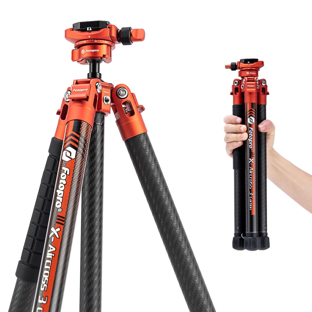Fotopro Carbon Fiber Tripod 1.7lbs Ultralight 62 Inch Portable Compact Travel Tripod for Camera DSLR Load up to 22lbs X-Aircross 3 Lite Orange