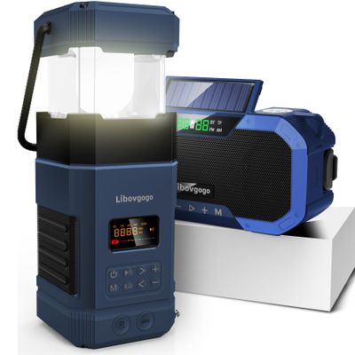 Libovgogo DF-585 Emergency LED Camping Lantern,IPX5 Waterproof Stereo Bluetooth Speaker,Hand Crank NOAA Weather Alert Radio with Solar,Portable AM FM Radio with Flashlight,5000mAH Cell Phone Charger