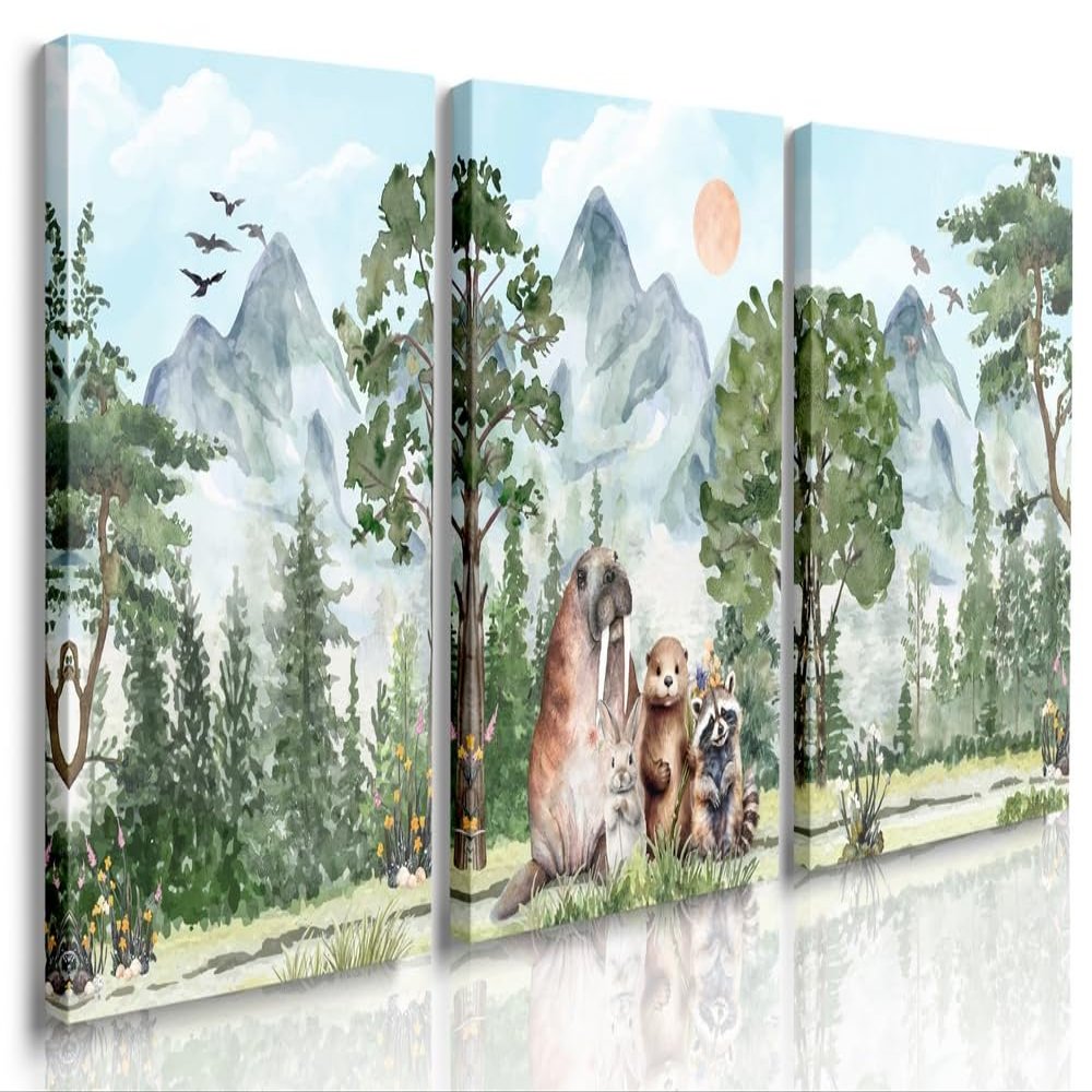 GUBIYU Woodland Nursery Decor for Boys Animal Greens Woodland Creature Wall Art,Safari Baby Animals Prints,Forest Animal Rabbit Bear Nursery Pictures for Kids Bedroom Classroom Decorations 24"X36"