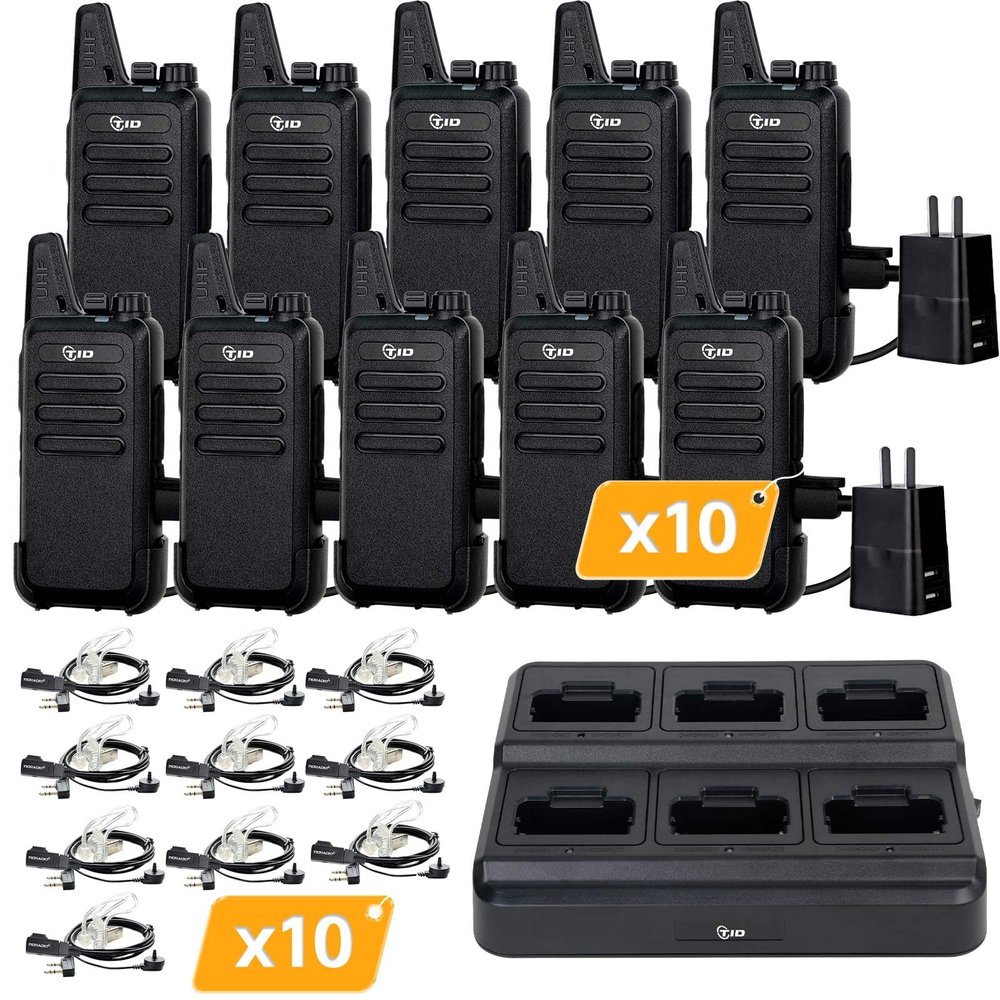 TIDRADIO TD-M8s 2 Way Radio Walkie Talkies Rechargeable VOX License-Free Two Way Radio with Earpiece and Multi-Charging Station Walkie Talkies for Adults School Church Restaurant Business(10 Pack)
