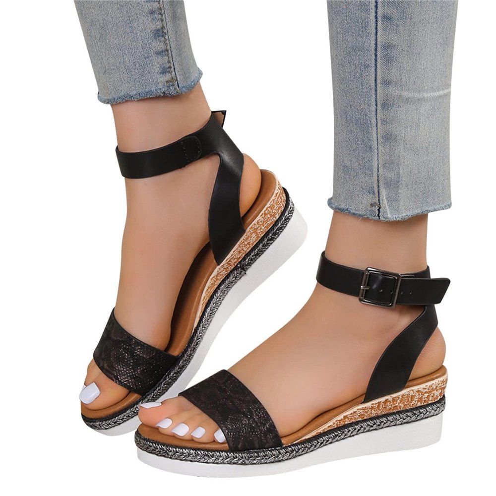 HINDOLA Women's Wedge Sandals Summer Comfort Espadrille Wedge Platform Shoes Ankle Buckle Open Toe Flatform Sandals