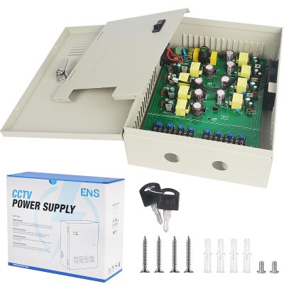 ENS 4K CCTV Power Supply Box, 8 Channel 12-15V 16A DC Output, PTC Resettable Fuse, Regulated and Filtered, Surge Protected, Anti-EMI Interference Circuit Designed for 4K Security Cameras System
