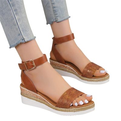 HINDOLA Women's Wedge Sandals Summer Comfort Espadrille Wedge Platform Shoes Ankle Buckle Open Toe Flatform Sandals