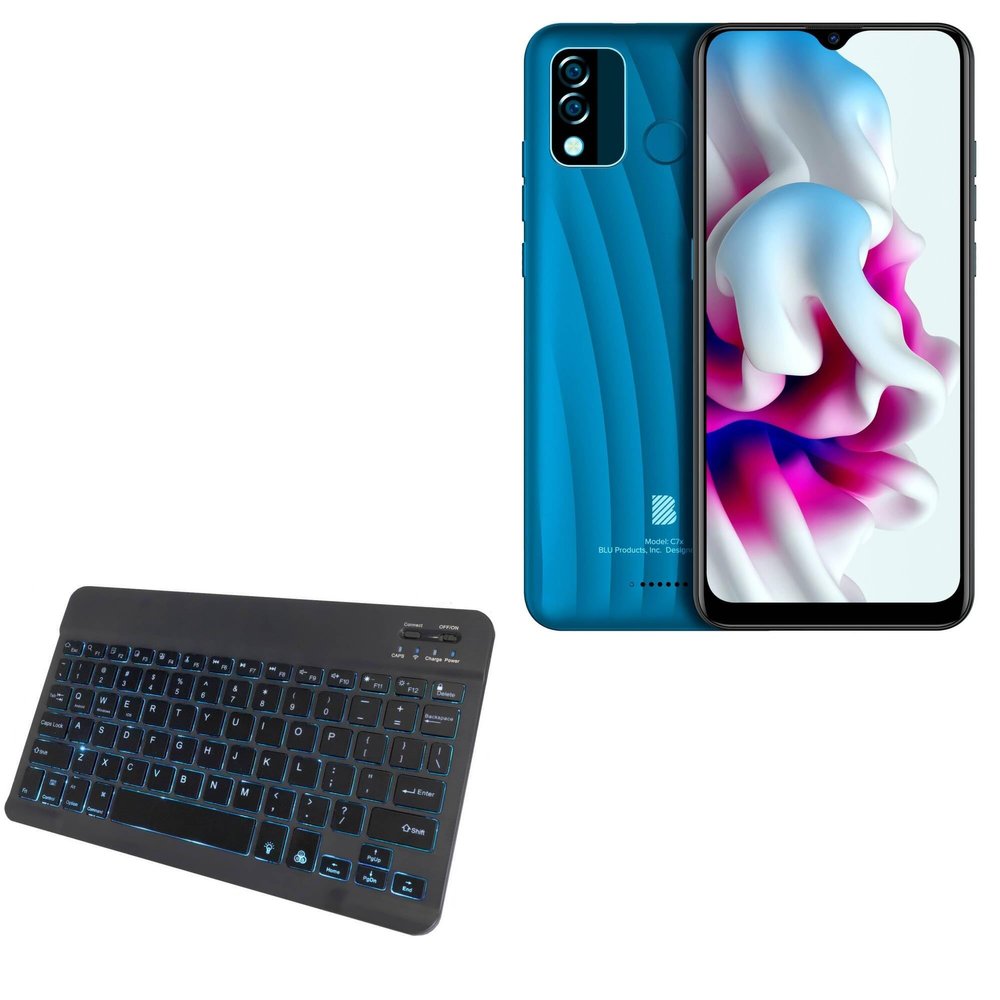 BoxWave Keyboard Compatible with BLU C7X - SlimKeys Bluetooth Keyboard - with Backlight, Portable Slim LED 7 Colors - Jet Black