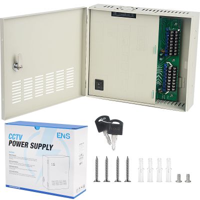 ENS 4K CCTV Power Supply Box, 16 Channel 12-15V 32A DC Output, PTC Resettable Fuse, Regulated and Filtered, Surge Protected, Anti-EMI Interference Circuit Designed for 4K Security Cameras System