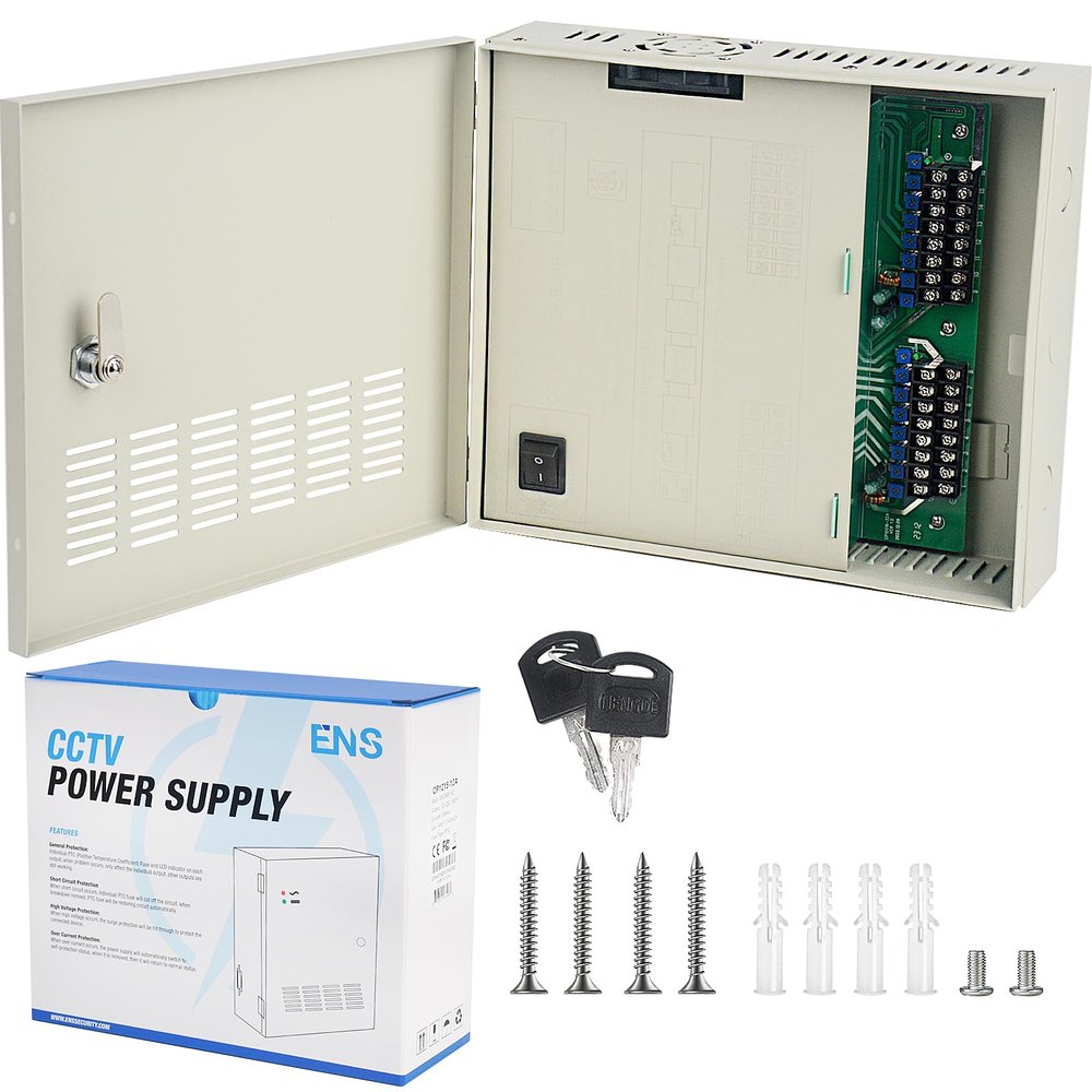 ENS 4K CCTV Power Supply Box, 16 Channel 12-15V 32A DC Output, PTC Resettable Fuse, Regulated and Filtered, Surge Protected, Anti-EMI Interference Circuit Designed for 4K Security Cameras System