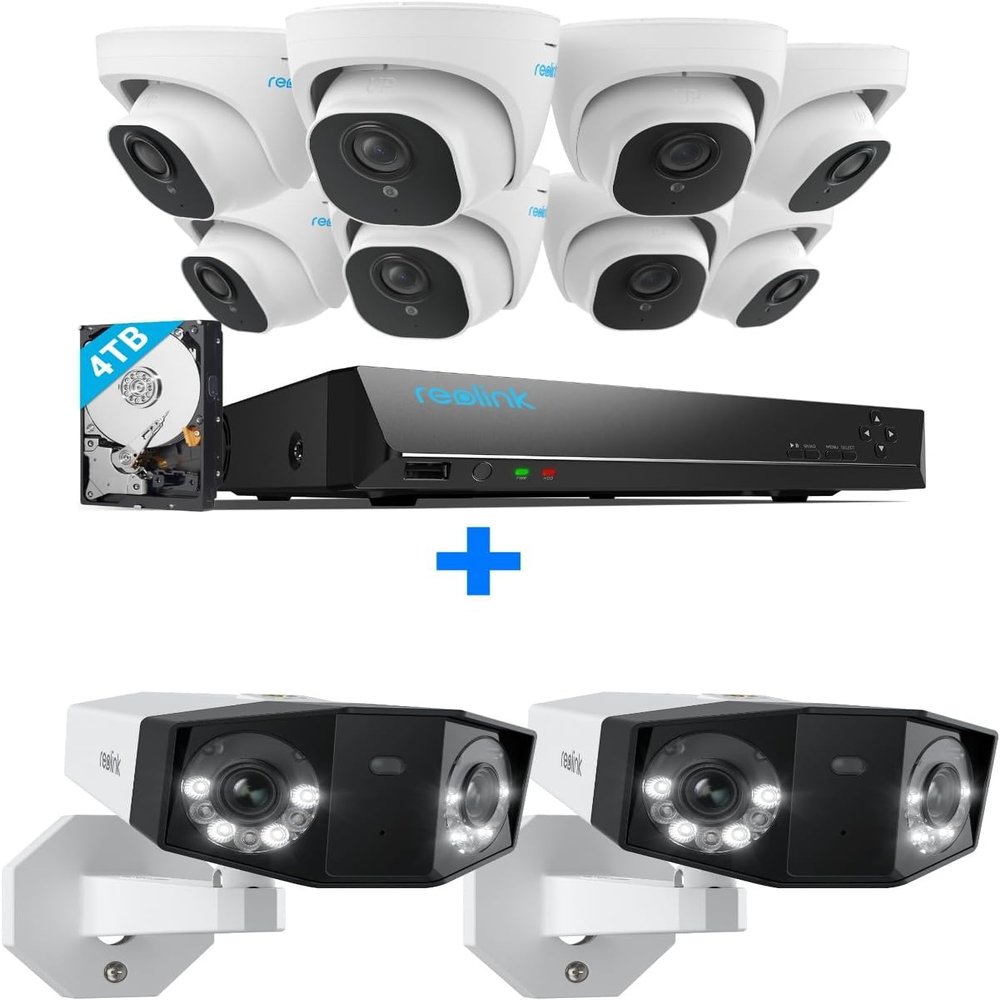 REOLINK 4K PoE Security Camera System, 8pcs Person/Vehicle Detection IP Cameras, 16CH NVR with 4TB HDD, Bundle with 2X Outdoor Dual-Lens IP Camera Duo 2 PoE