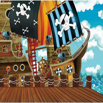 AOFOTO 12x10ft Cartoon Pirate Themed Backdrop for Photography Wooden Rudder Stakes Wood Floor Pirate Flag Ladder Ship Photography Background Halloween Boy Birthday Party Baby Shower Photo Booth Prop