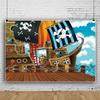 AOFOTO 12x10ft Cartoon Pirate Themed Backdrop for Photography Wooden Rudder Stakes Wood Floor Pirate Flag Ladder Ship Photography Background Halloween Boy Birthday Party Baby Shower Photo Booth Prop view 2