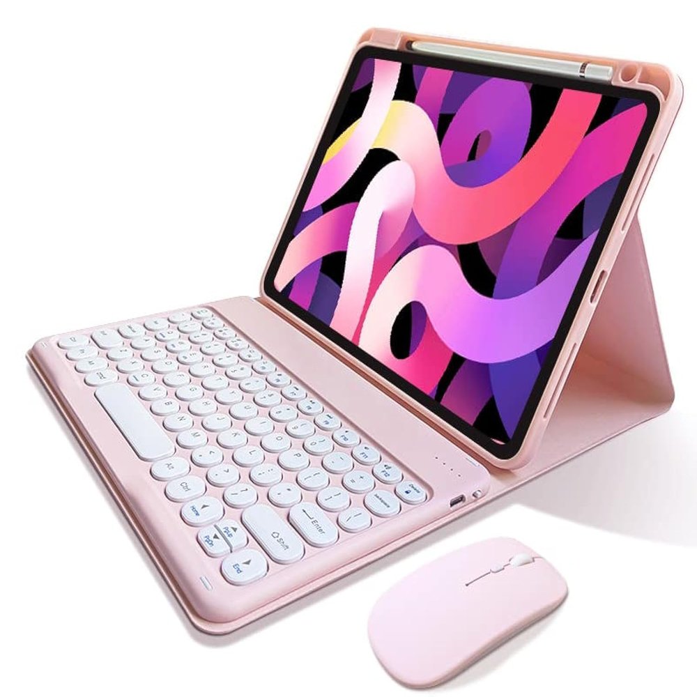 kaitesi Keyboard Case Mouse Compatible with iPad Air 13" (M3/M2)  iPad Pro 12.9 inch (6th/5th/4th/3rd Gen) Case with Detachable Keyboard Cute Round Keys,Pink