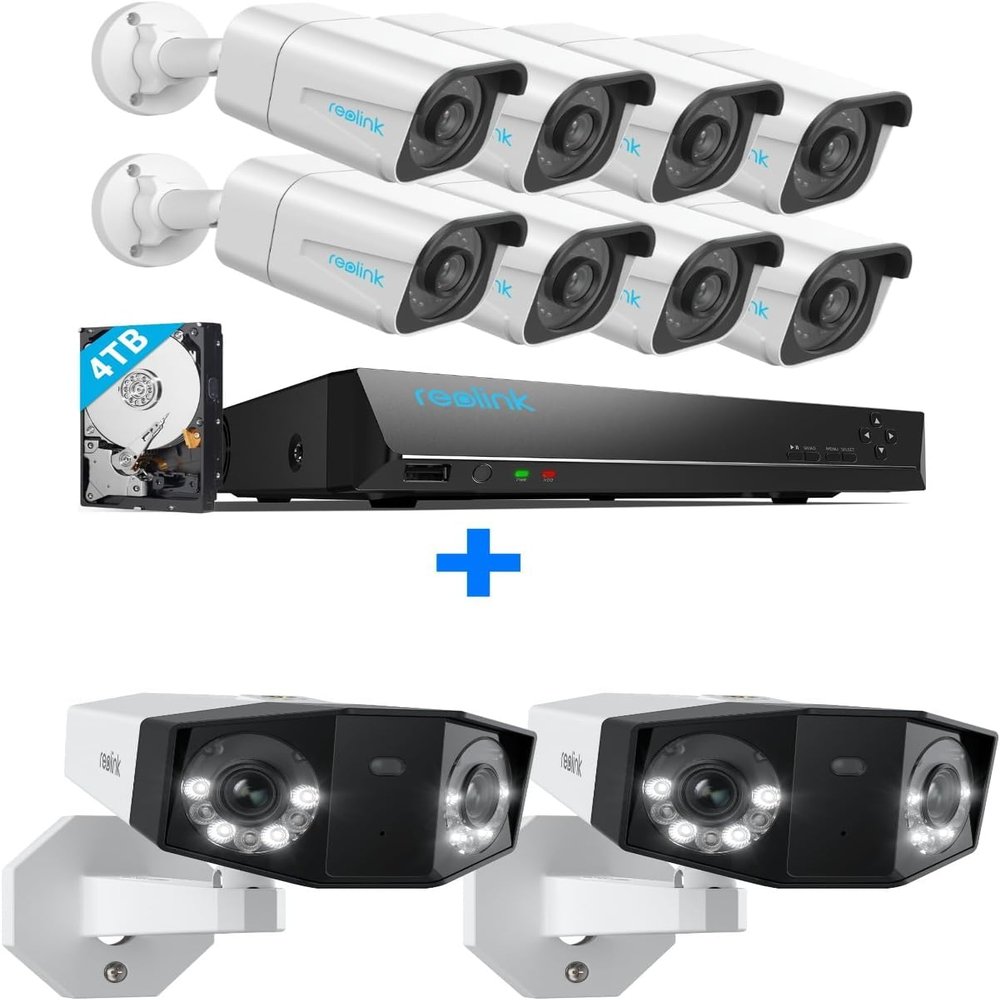 REOLINK 4K PoE Security Camera System, 8pcs Person/Vehicle Detection IP Cameras, 16CH NVR with 4TB HDD, Bundle with 2X Outdoor Dual-Lens IP Camera Duo 2 PoE