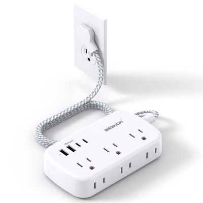 10FT Flat Plug Power Strip with USB C, BESHON Ultra Thin Flat Plug Extension Cord - 6 Outlets with 4 USB Ports(2 USB C), Power Strip for Dorm Room Travel Essentials